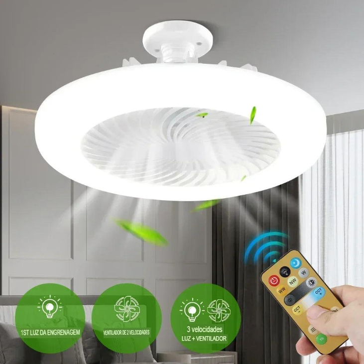 Lâmpada de Teto Inteligente com Ventilador Branco - Luminária com Controle Remoto