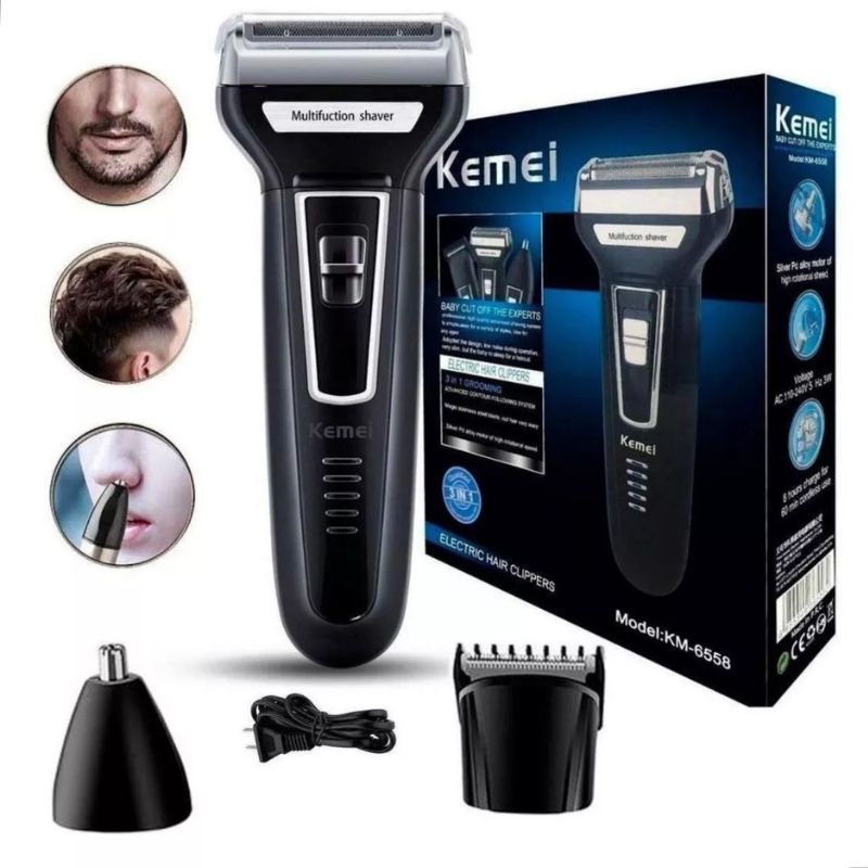 Aparador Barbeador 3 em 1 Recarregável Bivolt Kemei KM6558 – A Solução Completa para Cuidados Pessoais