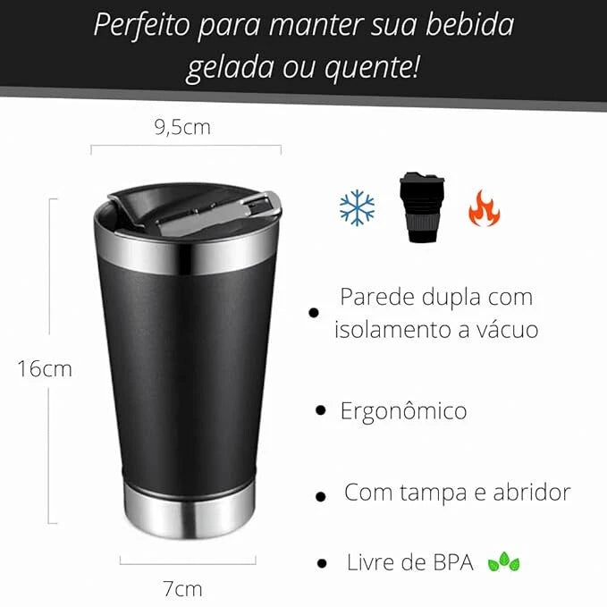 Copo Térmico Inox 473ml com Tampa e Abridor Preto – Estilo, Praticidade e Temperatura na Medida Certa
