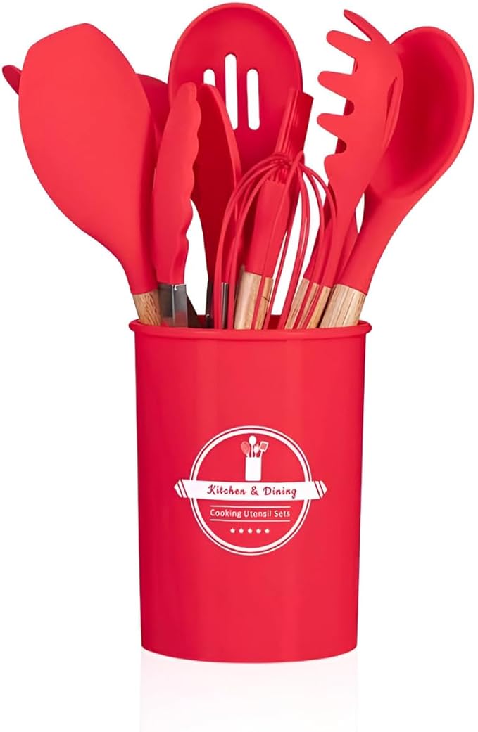 Conjunto Profissional de Utensílios de Cozinha com 12 Peças Antiaderente Vermelho – Silicone e Cabo em Madeira