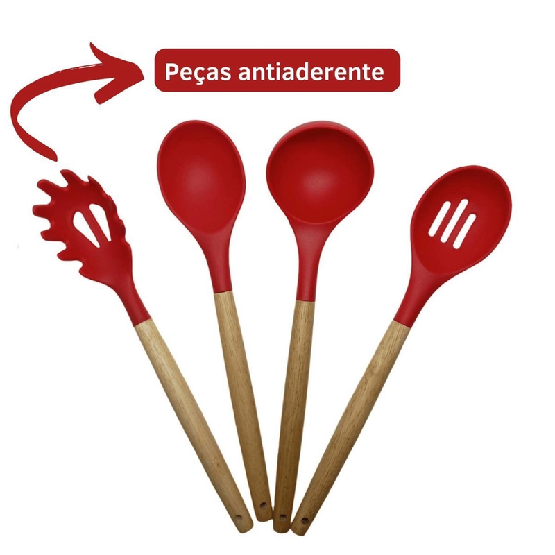 Conjunto Profissional de Utensílios de Cozinha com 12 Peças Antiaderente Vermelho – Silicone e Cabo em Madeira