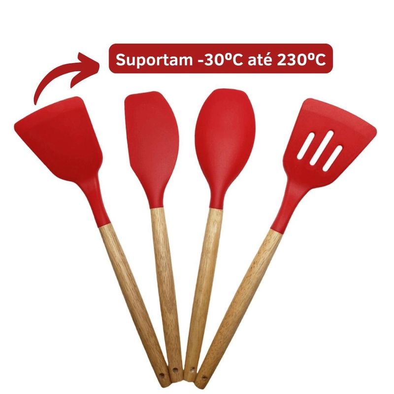 Conjunto Profissional de Utensílios de Cozinha com 12 Peças Antiaderente Vermelho – Silicone e Cabo em Madeira