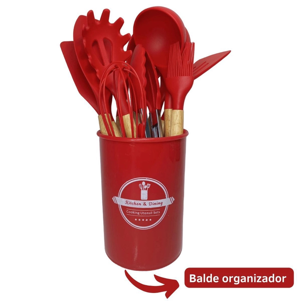 Conjunto Profissional de Utensílios de Cozinha com 12 Peças Antiaderente Vermelho – Silicone e Cabo em Madeira