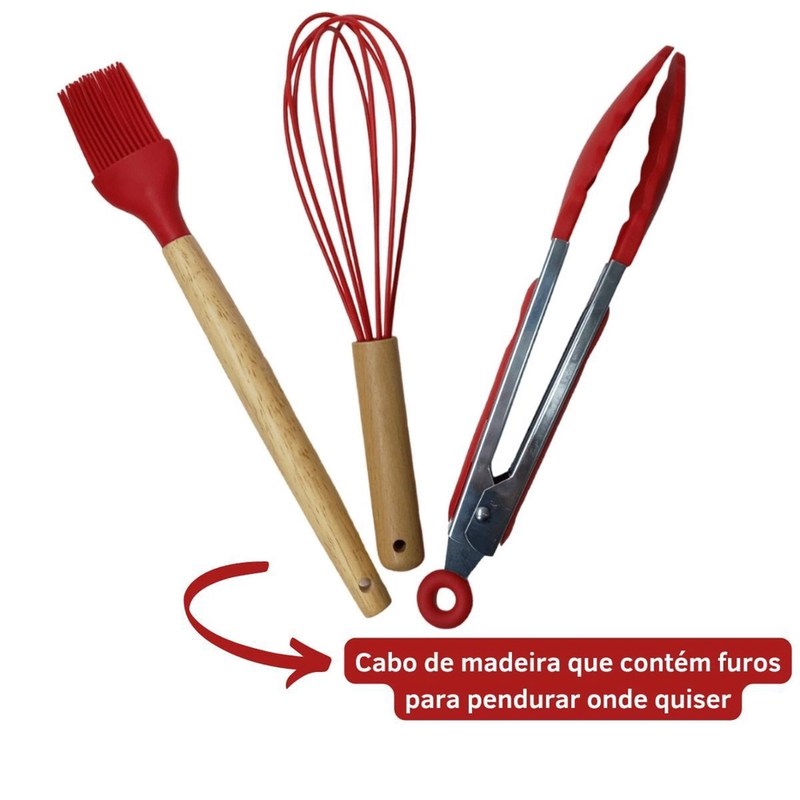 Conjunto Profissional de Utensílios de Cozinha com 12 Peças Antiaderente Vermelho – Silicone e Cabo em Madeira