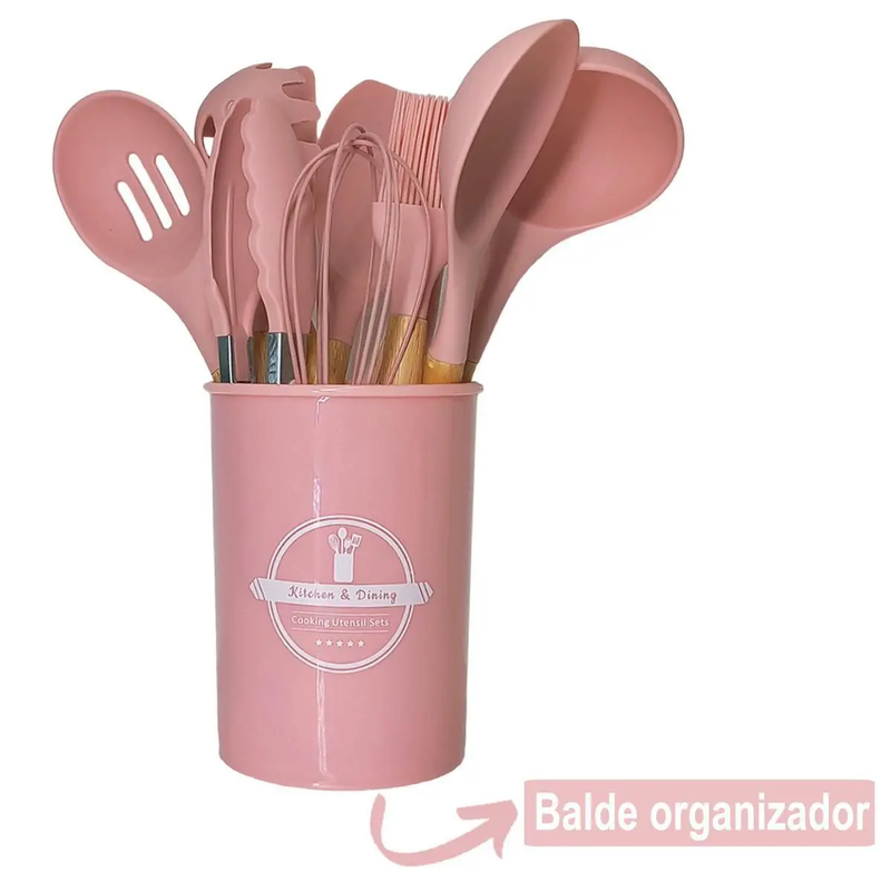 Conjunto Profissional de Utensílios de Cozinha com 12 Peças Antiaderente Rosa – Silicone e Cabo em Madeira