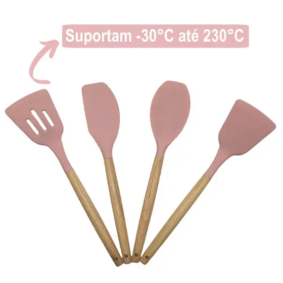 Conjunto Profissional de Utensílios de Cozinha com 12 Peças Antiaderente Rosa – Silicone e Cabo em Madeira
