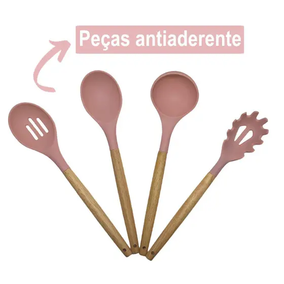Conjunto Profissional de Utensílios de Cozinha com 12 Peças Antiaderente Rosa – Silicone e Cabo em Madeira