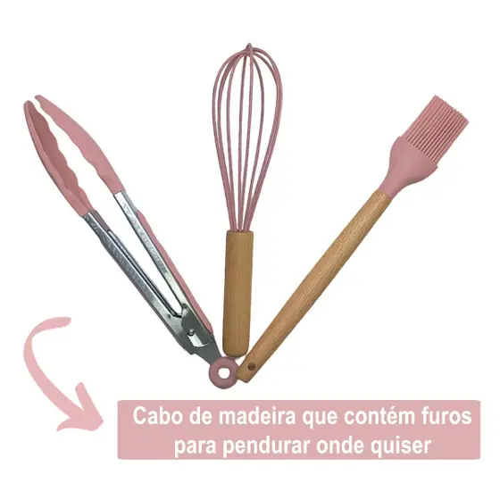 Conjunto Profissional de Utensílios de Cozinha com 12 Peças Antiaderente Rosa – Silicone e Cabo em Madeira