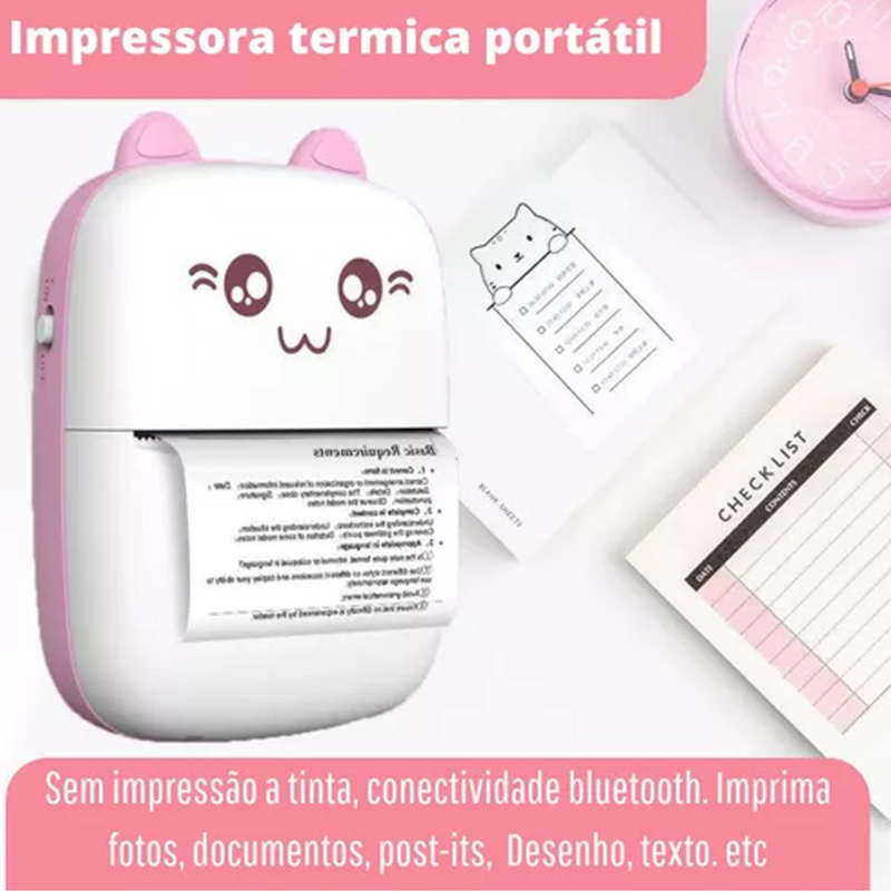 Mini Impressora Térmica Portátil Gatinho Rosa – Impressões Rápidas, Fofas e Sem Tinta