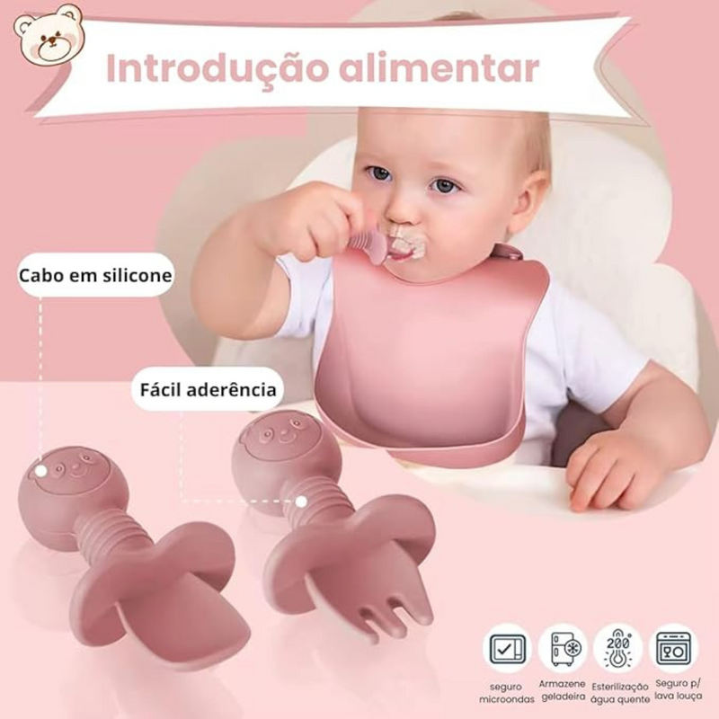 Kit Introdução Alimentar Bebê 8 Peças – Silicone Premium Rosa Escuro ou Claro - Sortidos | Segurança, Praticidade e Muito Estilo na Primeira Refeição