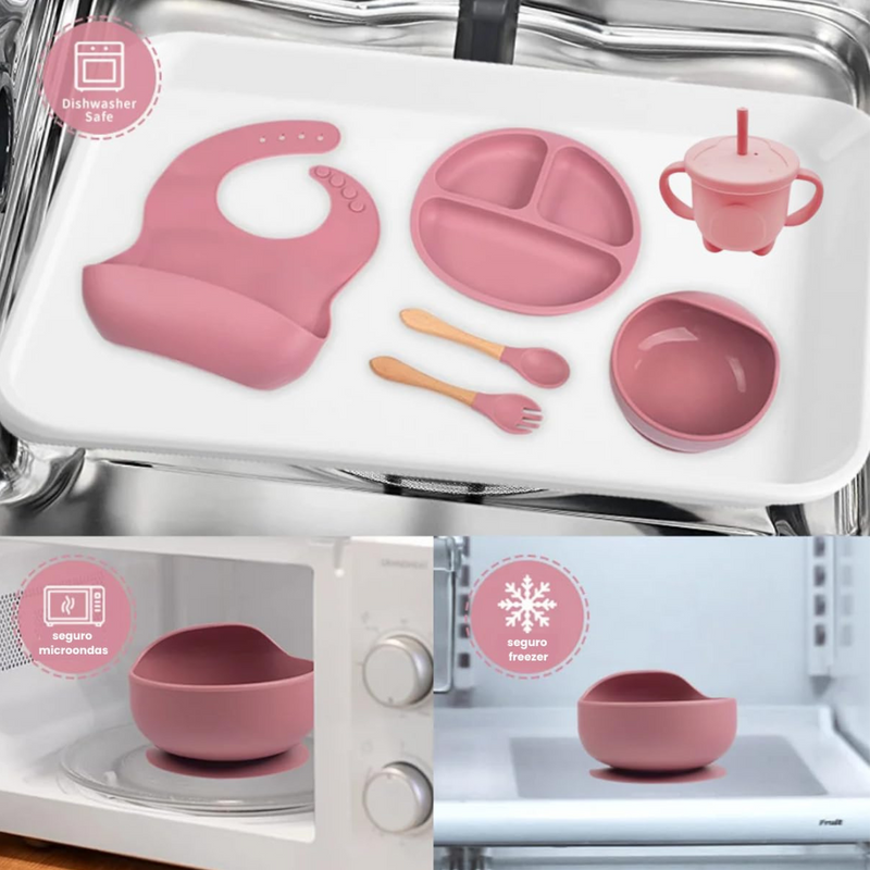 Kit Introdução Alimentar Bebê 8 Peças – Silicone Premium Rosa Escuro ou Claro - Sortidos | Segurança, Praticidade e Muito Estilo na Primeira Refeição