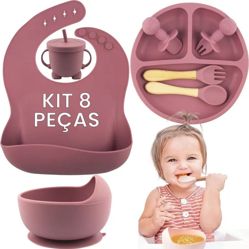 Kit Introdução Alimentar Bebê 8 Peças – Silicone Premium Rosa Escuro ou Claro - Sortidos | Segurança, Praticidade e Muito Estilo na Primeira Refeição
