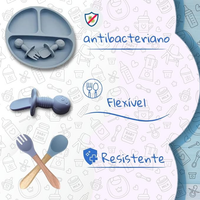 Kit Introdução Alimentar Bebê 8 Peças – Silicone Premium Azul Escuro ou Claro - Sortidos | Segurança, Praticidade e Muito Estilo na Primeira Refeição