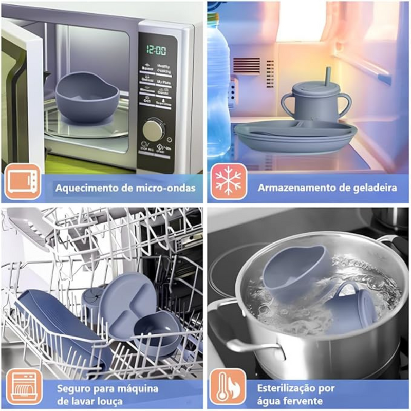 Kit Introdução Alimentar Bebê 8 Peças – Silicone Premium Azul Escuro ou Claro - Sortidos | Segurança, Praticidade e Muito Estilo na Primeira Refeição