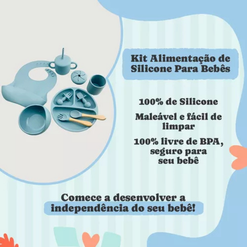 Kit Introdução Alimentar Bebê 8 Peças – Silicone Premium Azul Escuro ou Claro - Sortidos | Segurança, Praticidade e Muito Estilo na Primeira Refeição