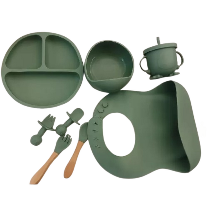 Kit Introdução Alimentar Bebê 8 Peças – Silicone Premium Verde Escuro | Segurança, Praticidade e Muito Estilo na Primeira Refeição