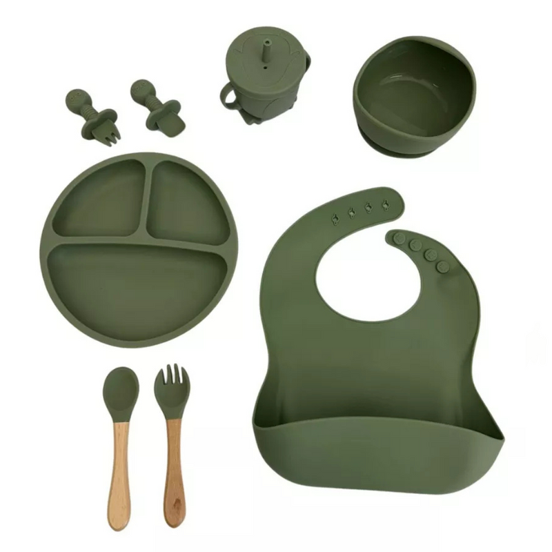 Kit Introdução Alimentar Bebê 8 Peças – Silicone Premium Verde Escuro | Segurança, Praticidade e Muito Estilo na Primeira Refeição