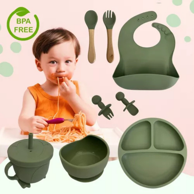 Kit Introdução Alimentar Bebê 8 Peças – Silicone Premium Verde Escuro | Segurança, Praticidade e Muito Estilo na Primeira Refeição