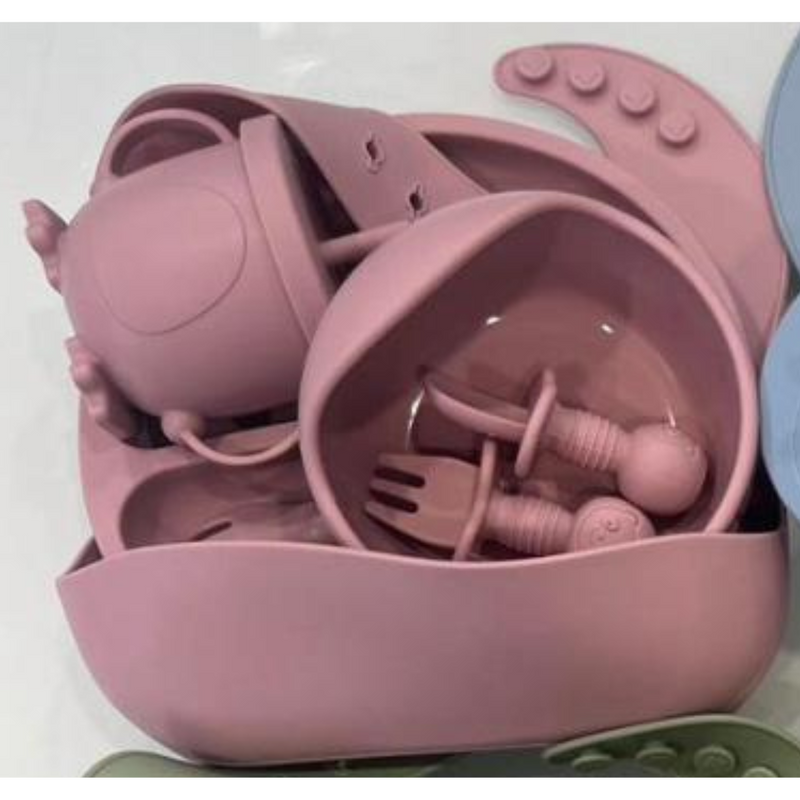 Kit Introdução Alimentar Bebê 8 Peças – Silicone Premium Rosa Escuro ou Claro - Sortidos | Segurança, Praticidade e Muito Estilo na Primeira Refeição