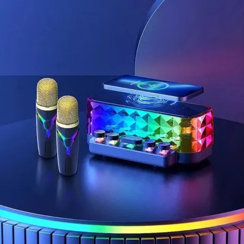 Caixa de Som Bluetooth 50W  Preto – Karaokê com Carregador por Indução em Um Só Produto