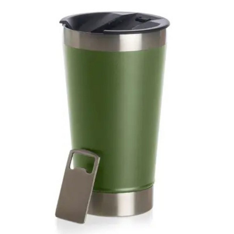 Copo Térmico Inox 473ml com Tampa e Abridor Verde Militar – Estilo, Praticidade e Temperatura na Medida Certa