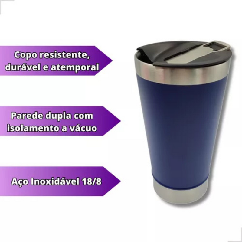 Copo Térmico Inox 473ml com Tampa e Abridor Azul Escuro – Estilo, Praticidade e Temperatura na Medida Certa