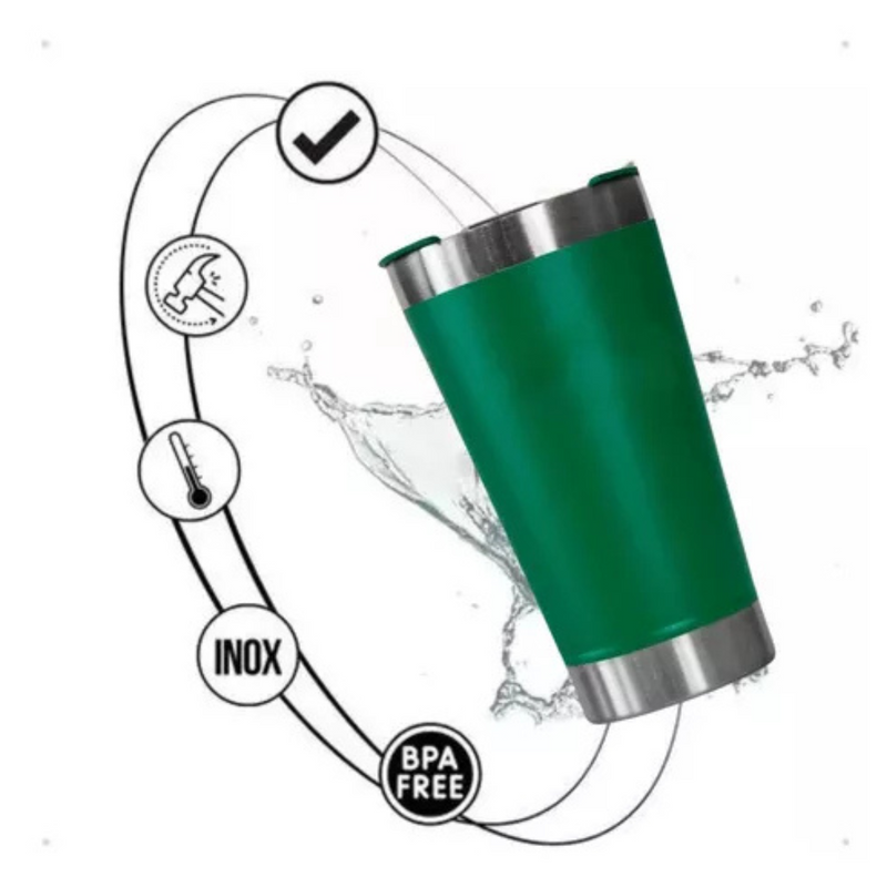 Copo Térmico Inox 473ml com Tampa e Abridor Verde – Estilo, Praticidade e Temperatura na Medida Certa