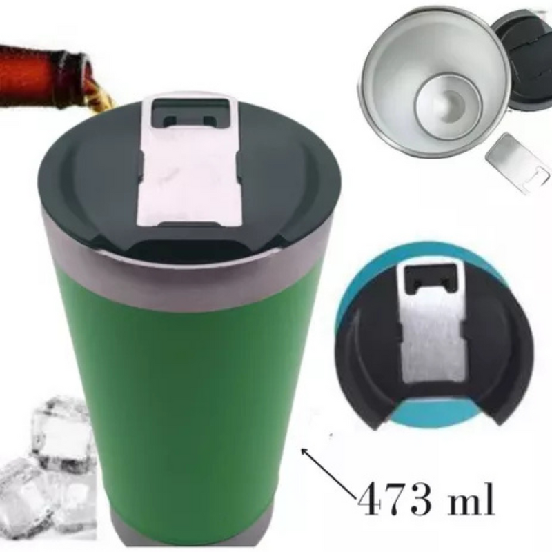 Copo Térmico Inox 473ml com Tampa e Abridor Verde – Estilo, Praticidade e Temperatura na Medida Certa