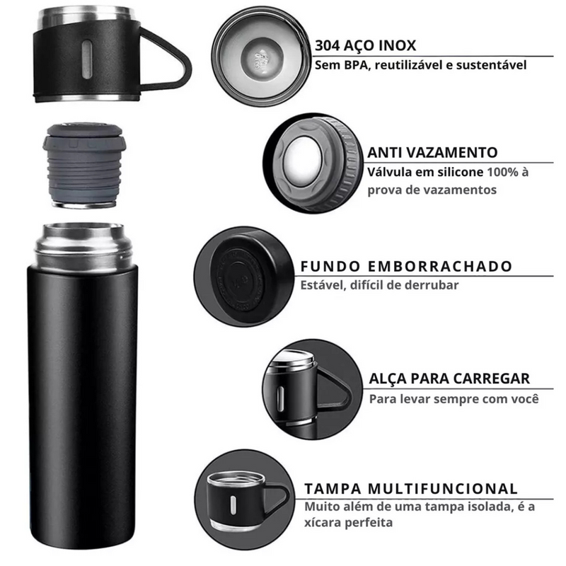 Kit Garrafa Térmica 500ML + 3 Xícaras em Aço Inoxidável - Preto | Estilo, Durabilidade e Conservação