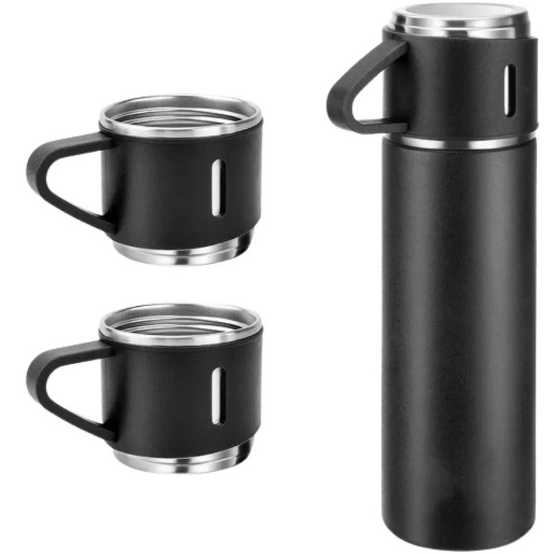 Kit Garrafa Térmica 500ML + 3 Xícaras em Aço Inoxidável - Preto | Estilo, Durabilidade e Conservação