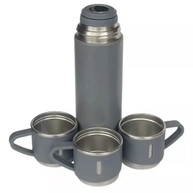Kit Garrafa Térmica 500ML + 3 Xícaras em Aço Inoxidável - Cinza | Estilo, Durabilidade e Conservação