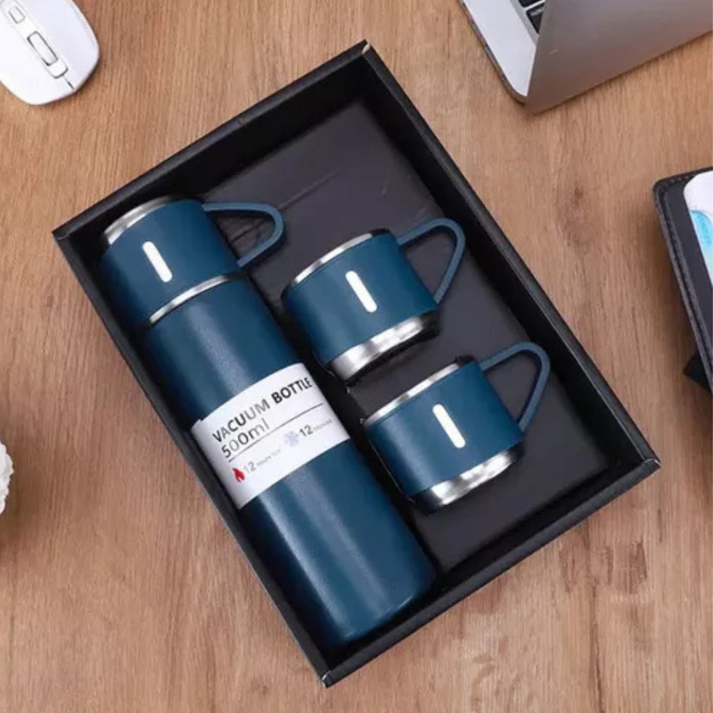 Kit Garrafa Térmica 500ML + 3 Xícaras em Aço Inoxidável - Azul Marinho | Estilo, Durabilidade e Conservação