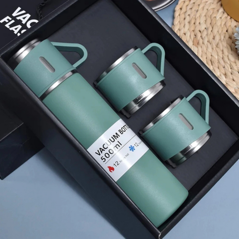 Kit Garrafa Térmica 500ML + 3 Xícaras em Aço Inoxidável - Verde | Estilo, Durabilidade e Conservação