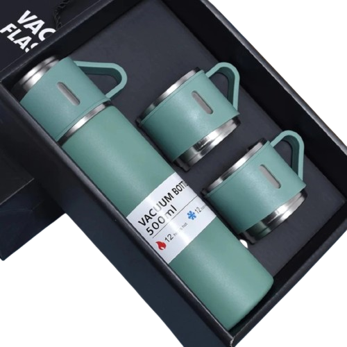 Kit Garrafa Térmica 500ML + 3 Xícaras em Aço Inoxidável - Verde | Estilo, Durabilidade e Conservação