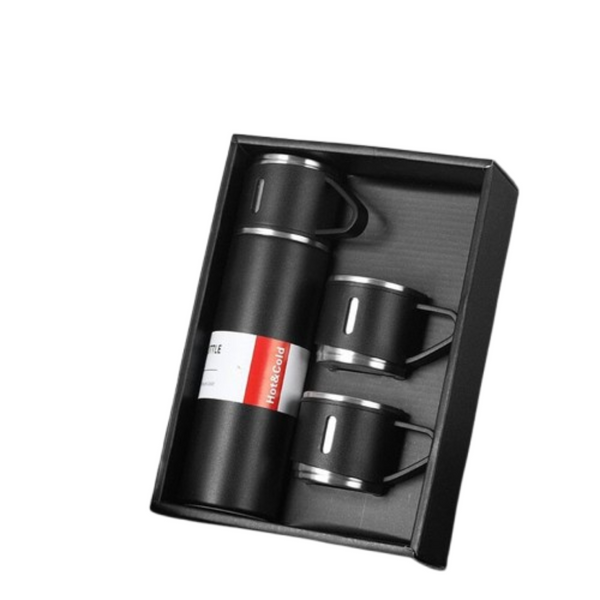 Kit Garrafa Térmica 500ML + 3 Xícaras em Aço Inoxidável - Preto | Estilo, Durabilidade e Conservação