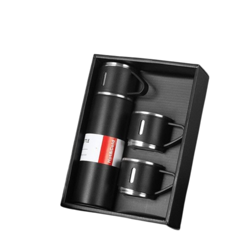 Kit Garrafa Térmica 500ML + 3 Xícaras em Aço Inoxidável - Preto | Estilo, Durabilidade e Conservação
