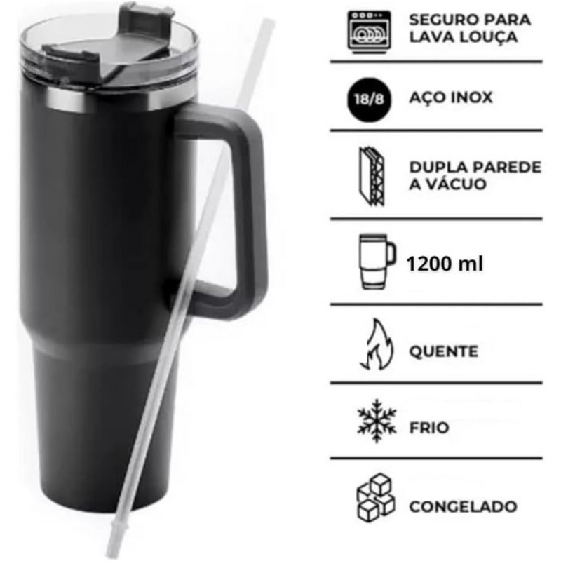 Copo Térmico Quencher 1200ml com Alça e Canudo Preto – Bebidas Sempre na Temperatura Perfeita, Onde Você Estiver