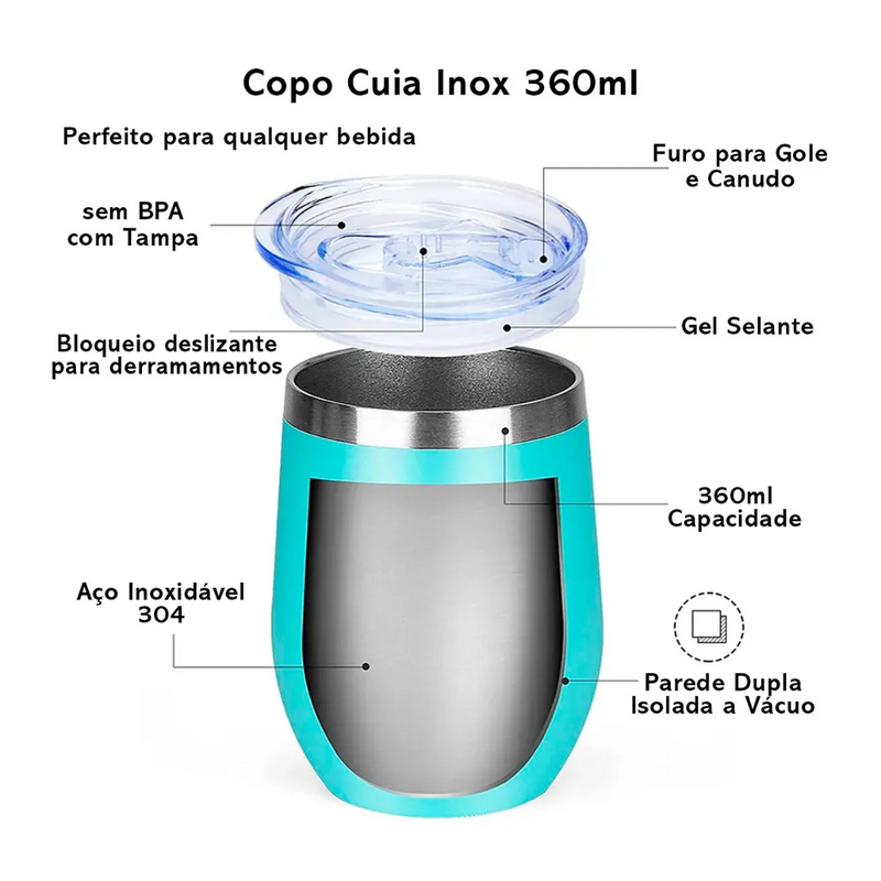 Copo Cuia Térmico Inox com Tampa Antivazamento 360ml – Ciano