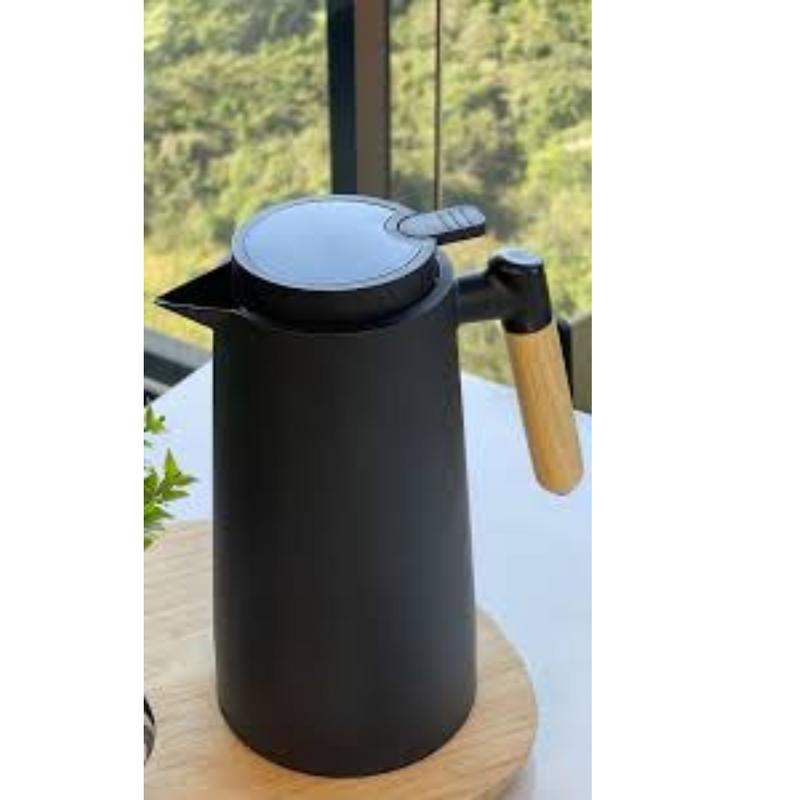 Jarro Garrafa Térmica 1L com Cabo em Madeira – Design Sofisticado, Calor que Dura - Preto Fosco