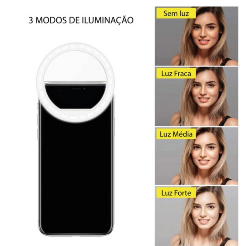Ring Light Clip Selfie com LED – Iluminação Profissional na Palma da Mão