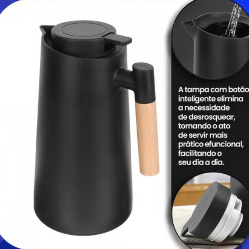 Jarro Garrafa Térmica 1L com Cabo em Madeira – Design Sofisticado, Calor que Dura - Preto Fosco
