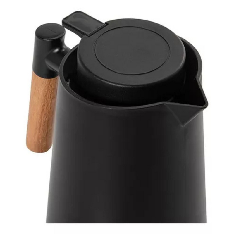 Jarro Garrafa Térmica 1L com Cabo em Madeira – Design Sofisticado, Calor que Dura - Preto Fosco