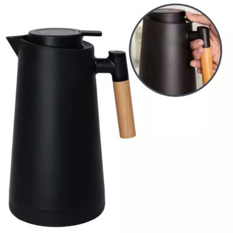 Jarro Garrafa Térmica 1L com Cabo em Madeira – Design Sofisticado, Calor que Dura - Preto Fosco