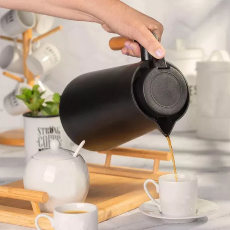 Jarro Garrafa Térmica 1L com Cabo em Madeira – Design Sofisticado, Calor que Dura - Preto Fosco