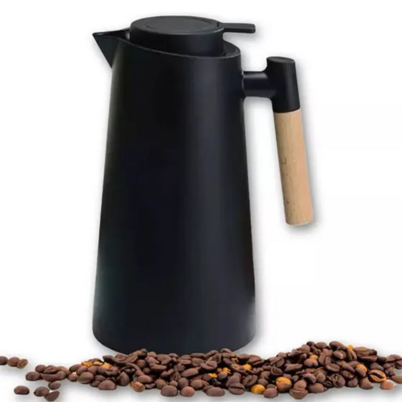 Jarro Garrafa Térmica 1L com Cabo em Madeira – Design Sofisticado, Calor que Dura - Preto Fosco