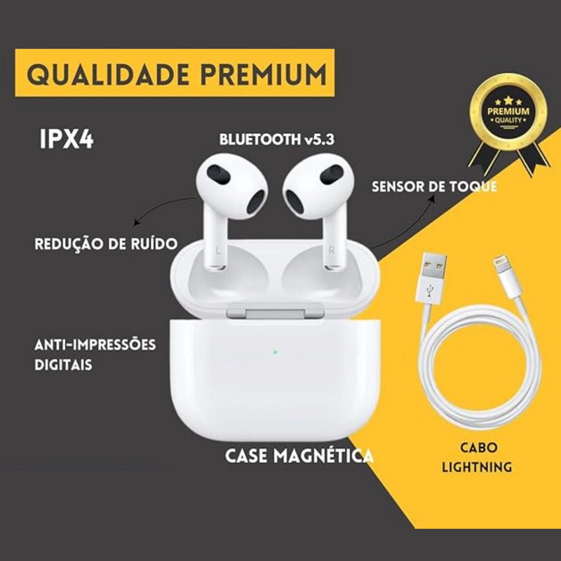 Fone de Ouvido AirPods Pro 3 – Linha Premium com Estojo de Recarga Lightning (Branco)