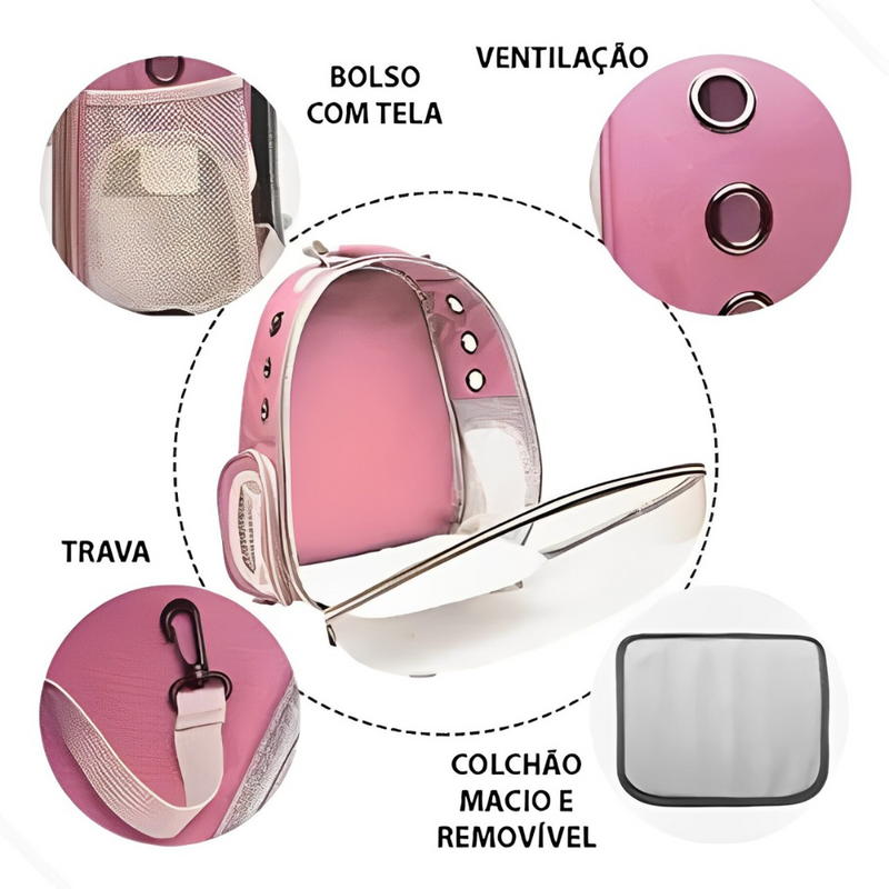 Mochila Pet Transporte para Cães e Gatos Rosa – Visão Ampla, Conforto e Segurança em Cada Passeio