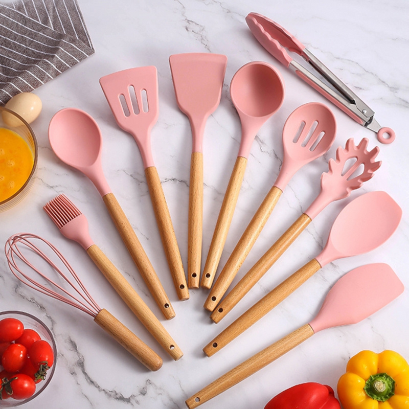 Conjunto Profissional de Utensílios de Cozinha com 12 Peças Antiaderente Rosa – Silicone e Cabo em Madeira