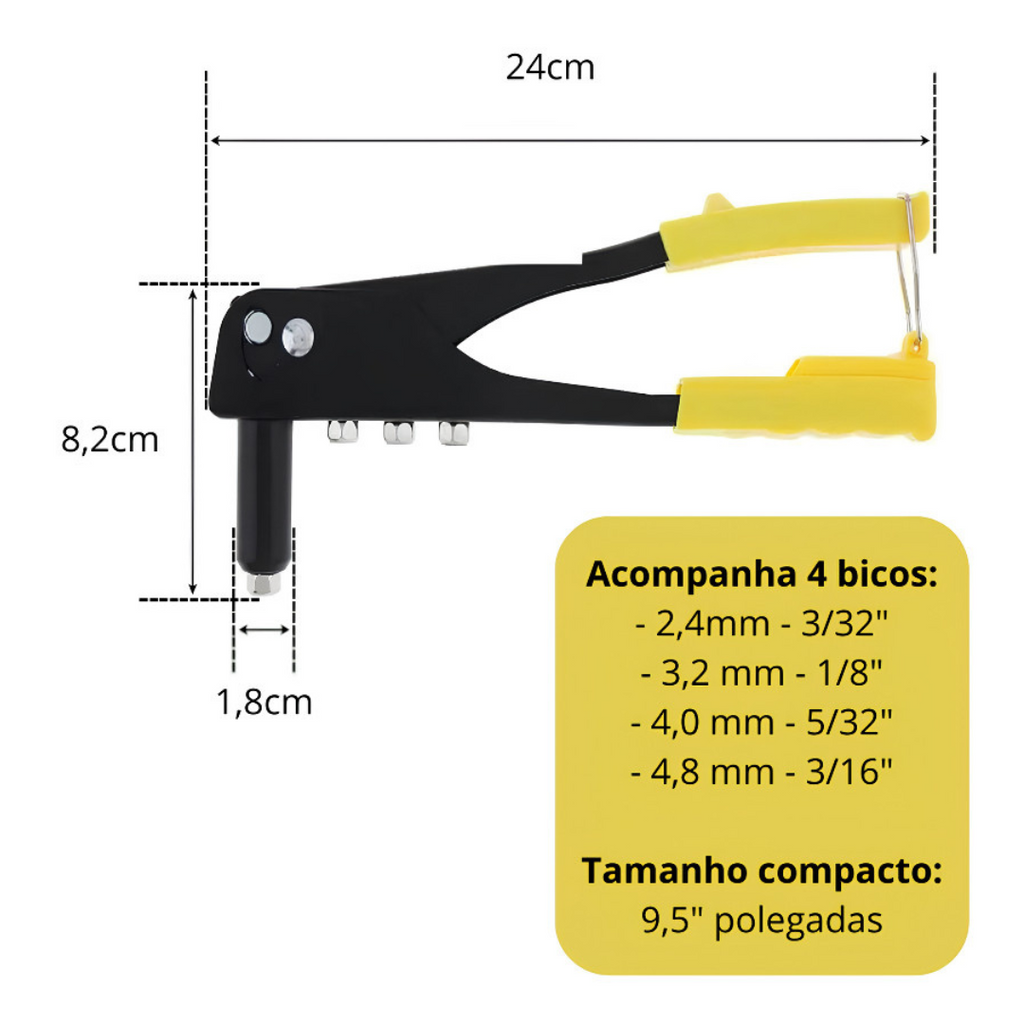 Alicate Rebitador Manual 9,5" com 4 Pontas AR 0102 – Fixação Profissional com Conforto e Alta Performance