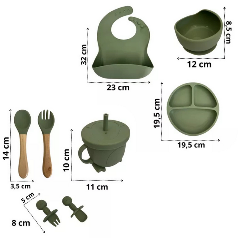 Kit Introdução Alimentar Bebê 8 Peças – Silicone Premium Verde Escuro | Segurança, Praticidade e Muito Estilo na Primeira Refeição